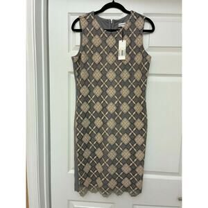 Calvin Klein Lace Sheath Dress 10 Gray Nude Sleeveless Scalloped Hem NWT